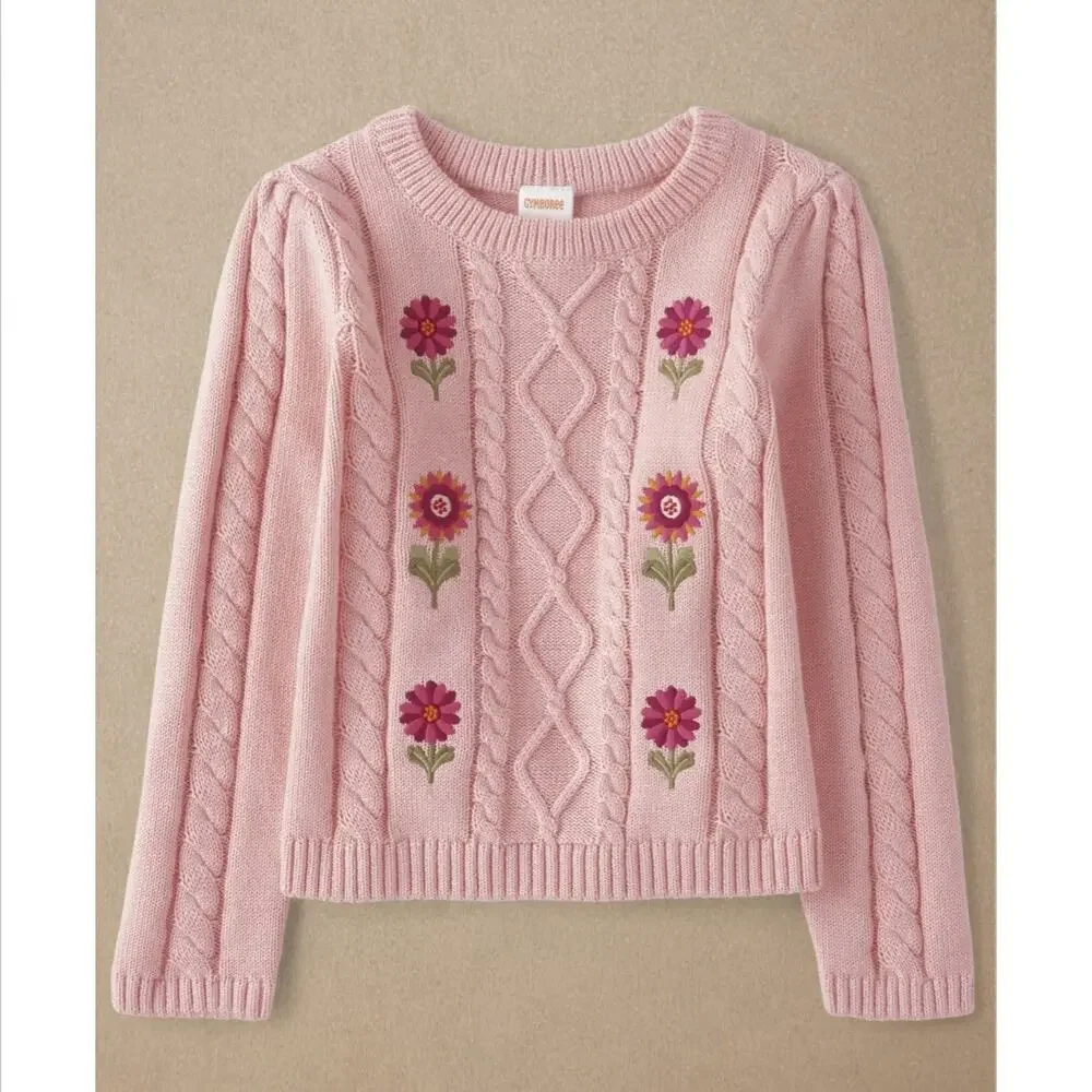 Gymboree Cable Knit Sweater Girls Size 7 Pink Long Sleeve Round Neck embroidered